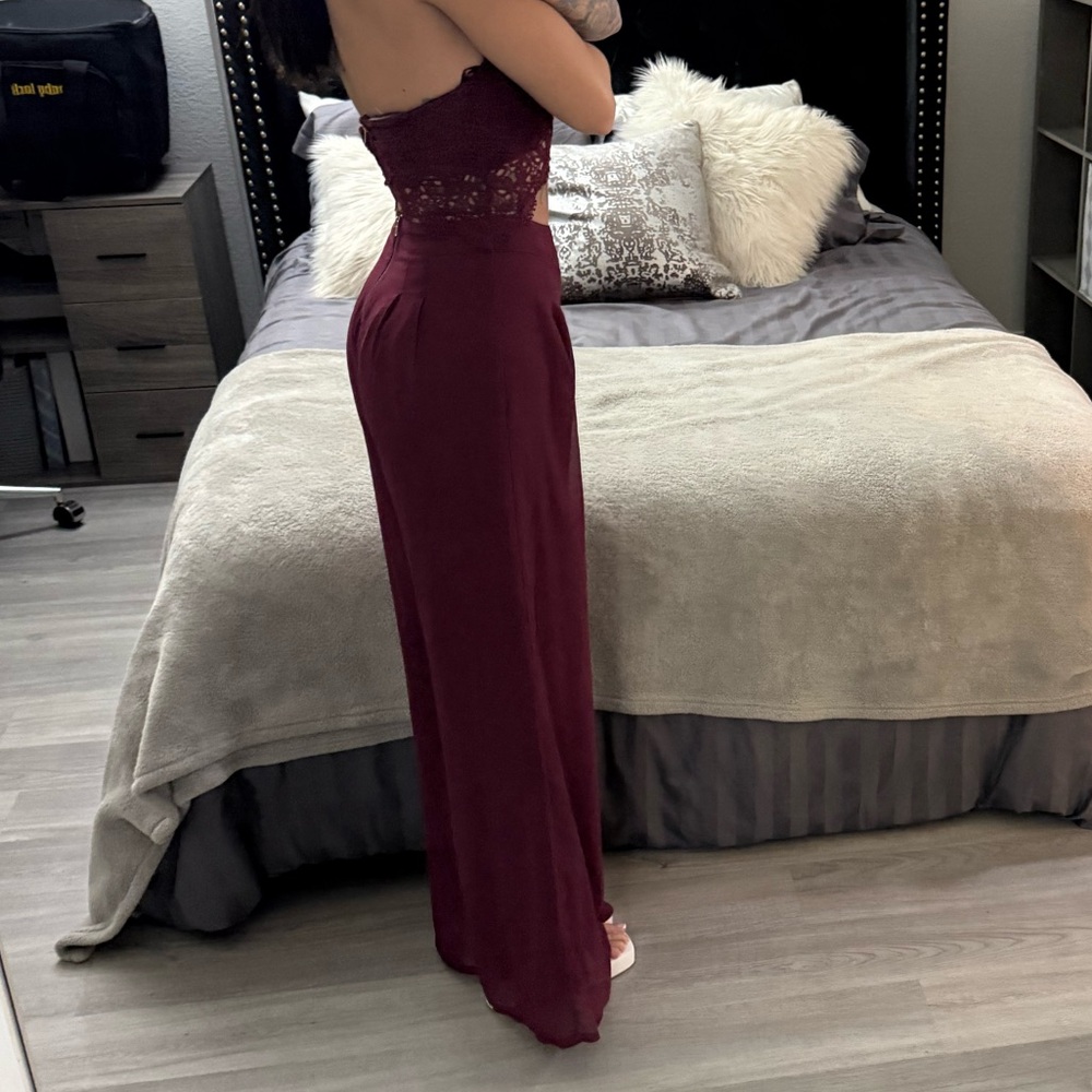 Plum Burgundy Wide Leg Strapless Jumpsuit - Picture 2 of 3